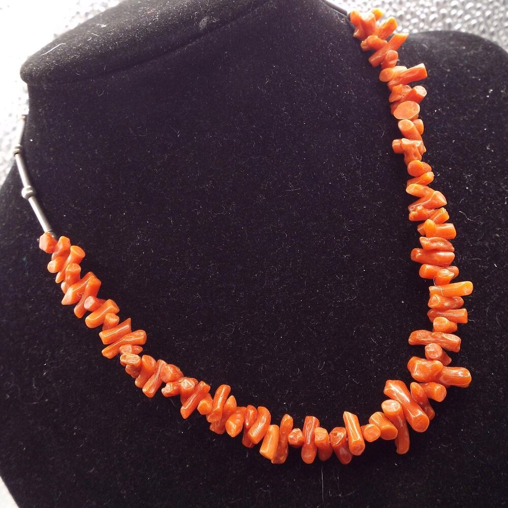 PINK SALMON BRANCH CORAL & STERLING TUBE & BEAD 13" LONG NECKLACE 37